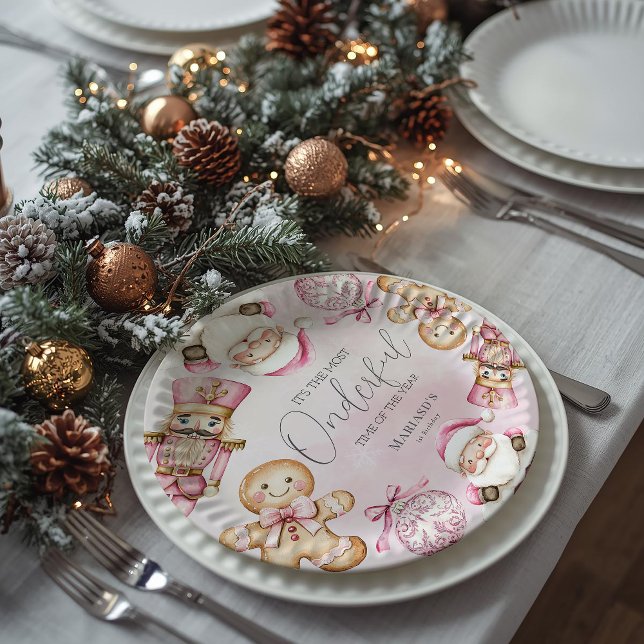 watercolor Pink snow 1st birthday Christmas  Paper Plates (Creator Uploaded)