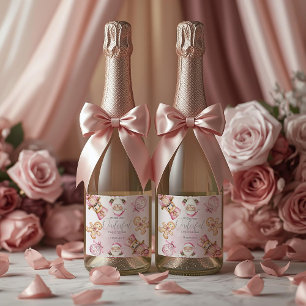 watercolor Pink snow 1st birthday Christmas Sparkling Wine Label