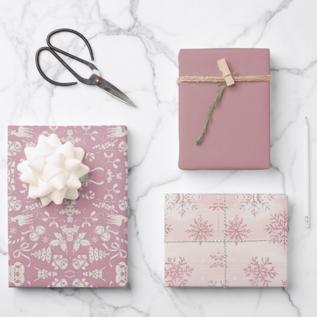 Watercolor Pink Snowflake Reindeer Tree Christmas  Wrapping Paper Sheets (Front)