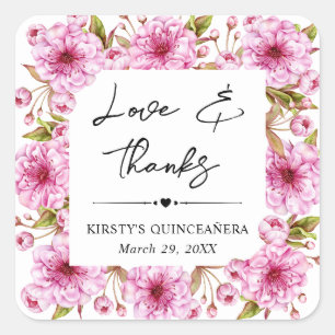 Watercolor Pink Spring Cherry Blossoms Quinceanera Square Sticker