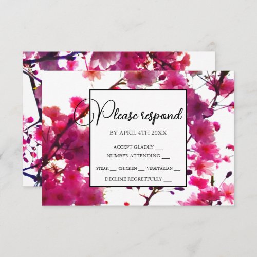 Watercolor pink spring floral flowering tree     RSVP card