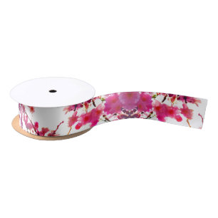 Watercolor pink spring floral Flowering tree Satin Ribbon