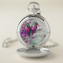 Watercolor Pink Spring Flowers and Hummingbirds