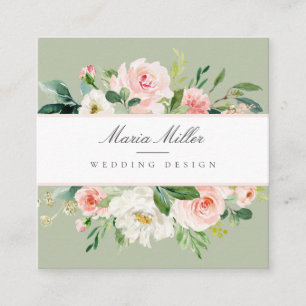Watercolor Pink Spring Green Floral Wedding Design Square Business Card