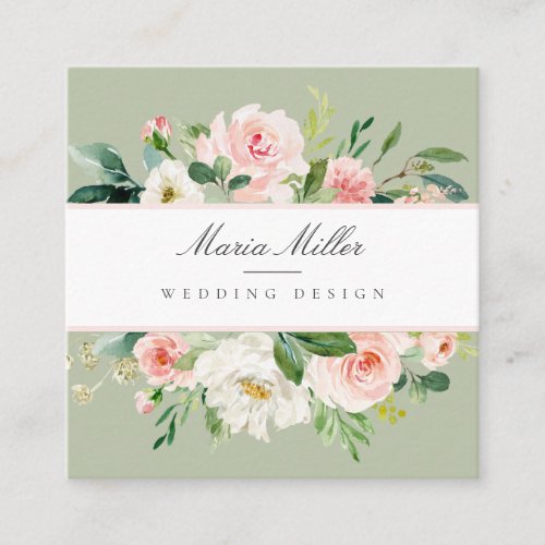 Watercolor Pink Spring Green Floral Wedding Design Square Business Card