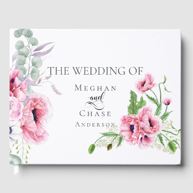 Watercolor Pink Spring Poppies and Foliage Guest Book (Front)