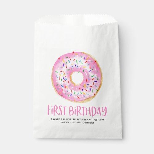 Watercolor Pink Sprinkle Donut First Birthday Favor Bag