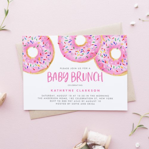 Watercolor Pink Sprinkle Donuts Baby Brunch Invitation