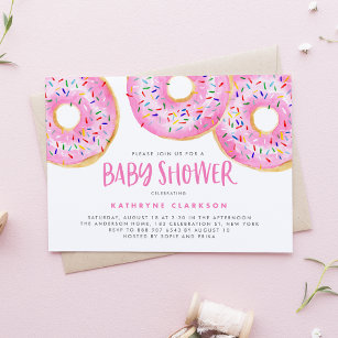 Watercolor Pink Sprinkle Donuts Baby Shower Invitation