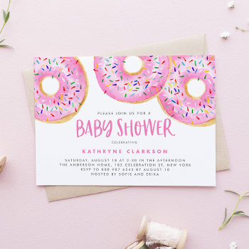 Watercolor Pink Sprinkle Donuts Baby Shower Invitation by misstallulah at Zazzle