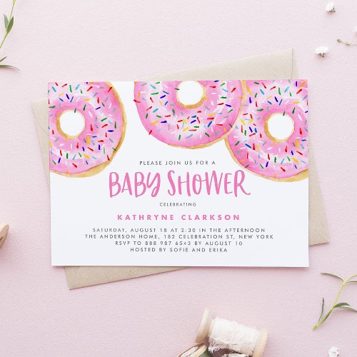 Watercolor Pink Sprinkle Donuts Baby Shower Invitation