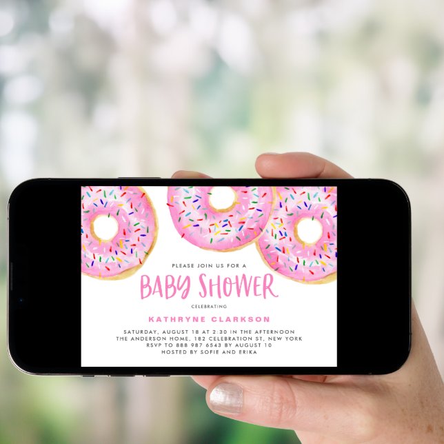 Watercolor Pink Sprinkle Donuts Baby Shower Invitation (Front Digital)