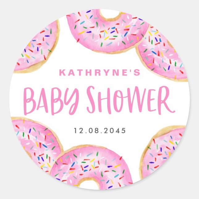 Watercolor Pink Sprinkle Donuts Baby Sprinkle Classic Round Sticker (Front)