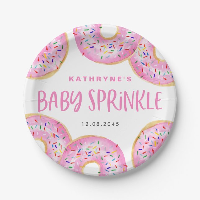 Watercolor Pink Sprinkle Donuts Baby Sprinkle Paper Plates (Front)