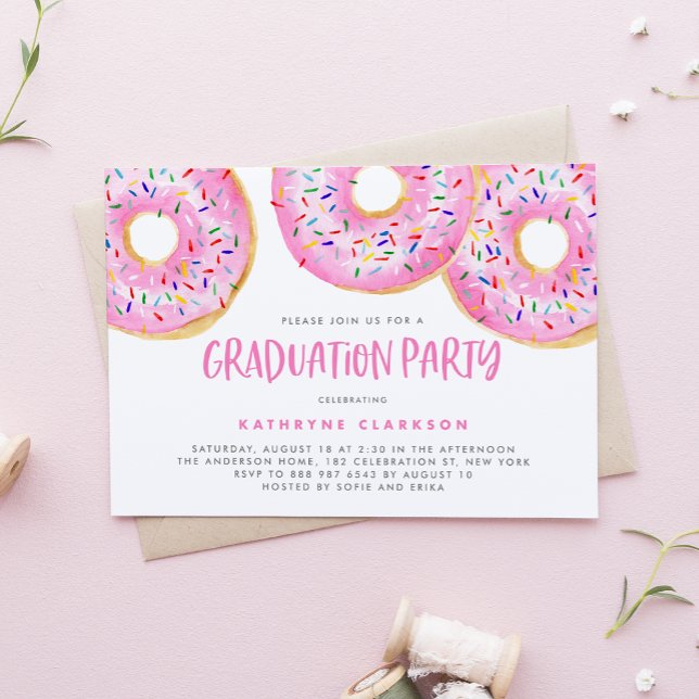 Watercolor Pink Sprinkle Donuts Graduation Party Invitation (Creator Uploaded)