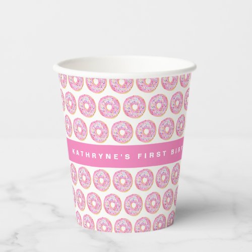 Watercolor Pink Sprinkle Donuts Pattern Birthday Paper Cups