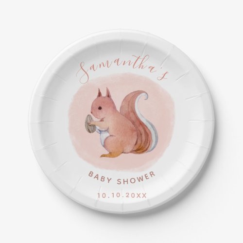 Watercolor Pink Squirrel Baby Shower Cute Animal Paper Plates