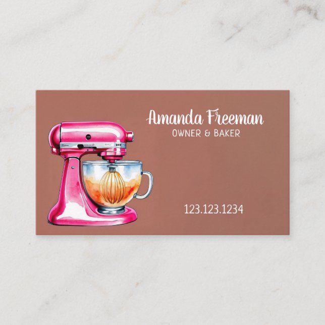 Watercolor Pink Stand Mixer Illustration Baking Business Card (Front)