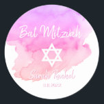 Watercolor Pink Star of David Bat Bar Mitzvah Classic Round Sticker<br><div class="desc">Add these gorgeous small round envelope sticker seals Jewish Bat Mitzvah to your invitations, envelopes, thank you cards or any other item such as thank you gifts or favors. Modern Trendy white script calligraphy letters design. Watercolor background in pink, violet, purple hues . You will surely impress everyone with these!...</div>