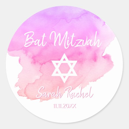 Watercolor Pink Star of David Bat Bar Mitzvah Classic Round Sticker