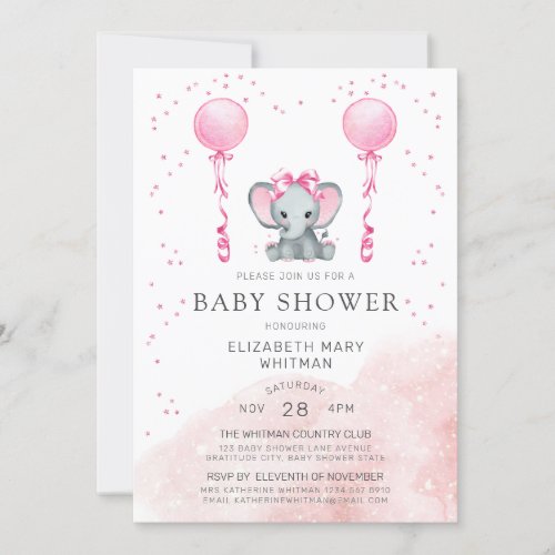 Watercolor Pink Stardust Elephant Baby Shower Invitation