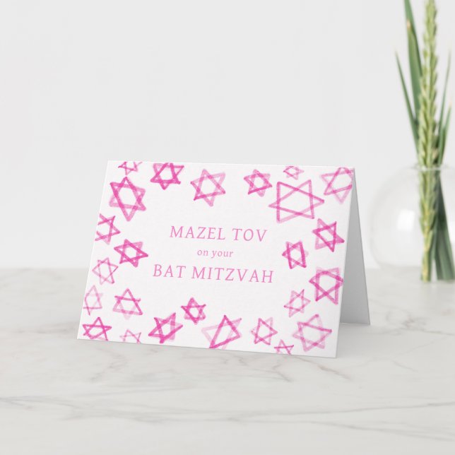 Watercolor Pink Stars MAZEL TOV Bat Mitzvah  Card (Front)