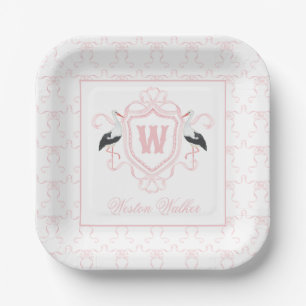 Watercolor Pink Stork Bow Monogram Crest Paper Plates