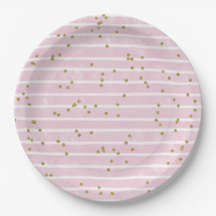 Watercolor Pink Stripe and Gold Polka Dot Paper Plates