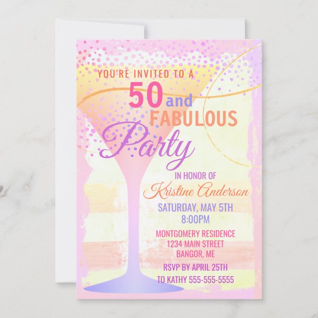 Watercolor Pink Striped 50 and Fabulous Birthday Invitation (Front)