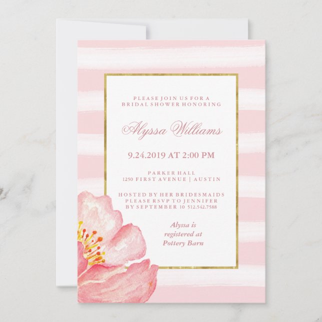 Watercolor Pink Stripes and Peony Bridal Shower Invitation (Front)