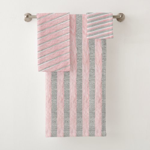 Watercolor Pink Stripes Design Bath Towel Set