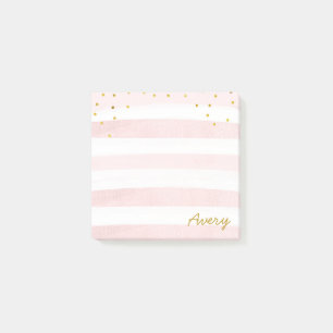 Watercolor Pink Stripes Name Glitter Post-it Notes