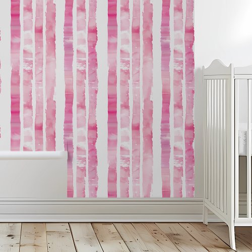 Watercolor Pink Stripes Nursery Childs room Wallpaper