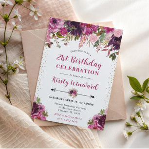 Watercolor Pink Summer Flowers 21st Birthday Invitation