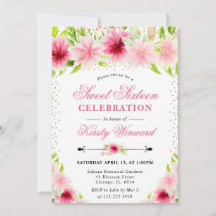 Watercolor Pink Summer Flowers Photo Sweet 16 Invitation