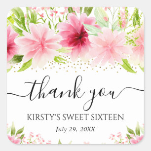 Watercolor Pink Summer Flowers Sweet Sixteen Square Sticker