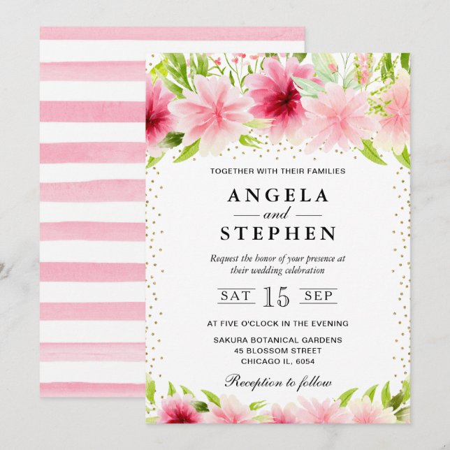 Watercolor Pink Summer Flowers Wedding Invitation (Front/Back)