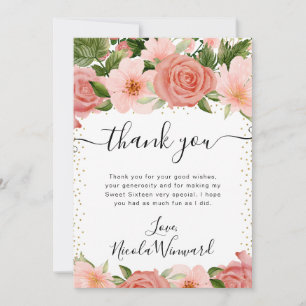 Watercolor Pink Summer Roses Flowers Sweet 16 Thank You Card