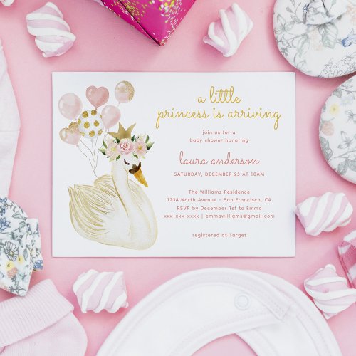 Watercolor Pink Swan Little Princess Baby Shower Invitation