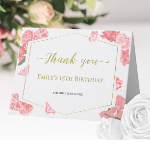 Watercolor Pink Sweet 16 Quinceanera Bat Mitzvah Letterpress Thank You Card