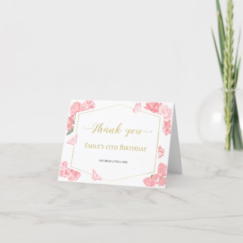 Watercolor Pink Sweet 16 Quinceanera Bat Mitzvah Thank You Card