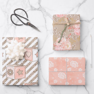 WATERCOLOR PINK & TAN BABY GIRL FLOWERS BEARS WRAPPING PAPER SHEETS