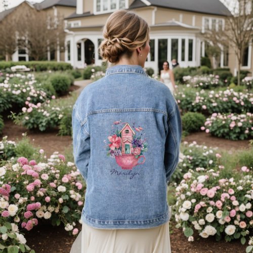 Watercolor Pink Teacup Flowers Fairytale Cottage Denim Jacket