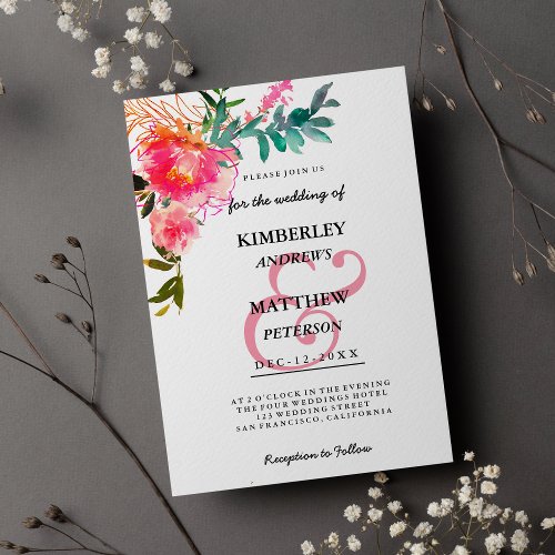 Watercolor pink teal ampersand floral wedding invitation