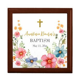 Watercolor Pink Teal Butterscotch Flowers Baptism  Gift Box