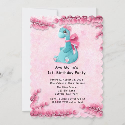 Watercolor Pink Teal Dinosaur 1st Birthday Party  Invitation