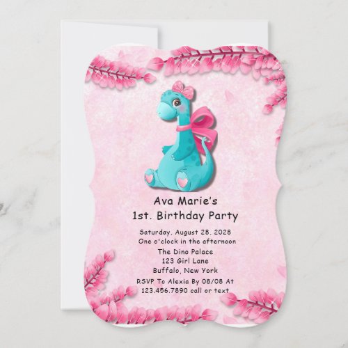 Watercolor Pink Teal Dinosaur 1st Birthday Party  Invitation