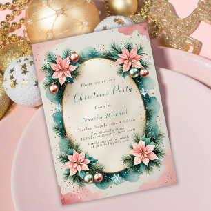 Watercolor Pink Teal Poinsettia Wreath Christmas Invitation