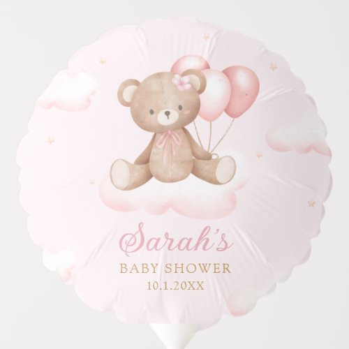 Watercolor Pink Teddy Bear Boho Baby Girl Shower Balloon