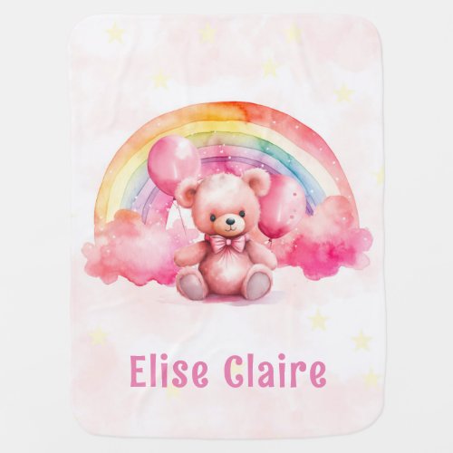 Watercolor Pink Teddy Bear Rainbow Baby Shower Baby Blanket
